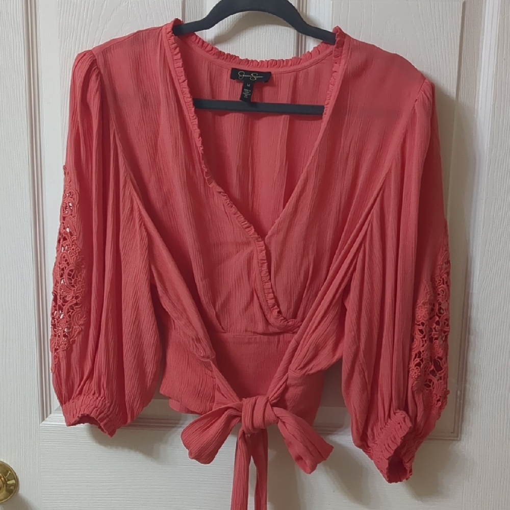 Sophie Rue Coral Wrap Blouse with Embroidered Sleeves